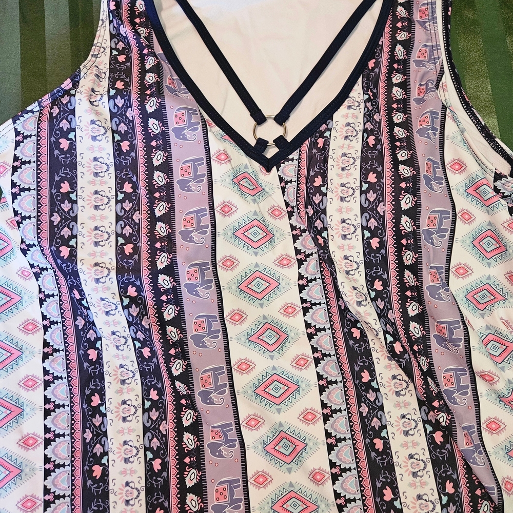 Patterned Tankini SwimTop with Pink and Purple Accents. NWOT